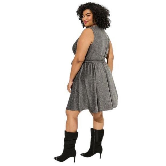 Torrid Plus Sz 2X Dress Mini Glitter Lurex Surplice Tiered Faux‎ Wrap Silver 964 - Picture 12 of 15